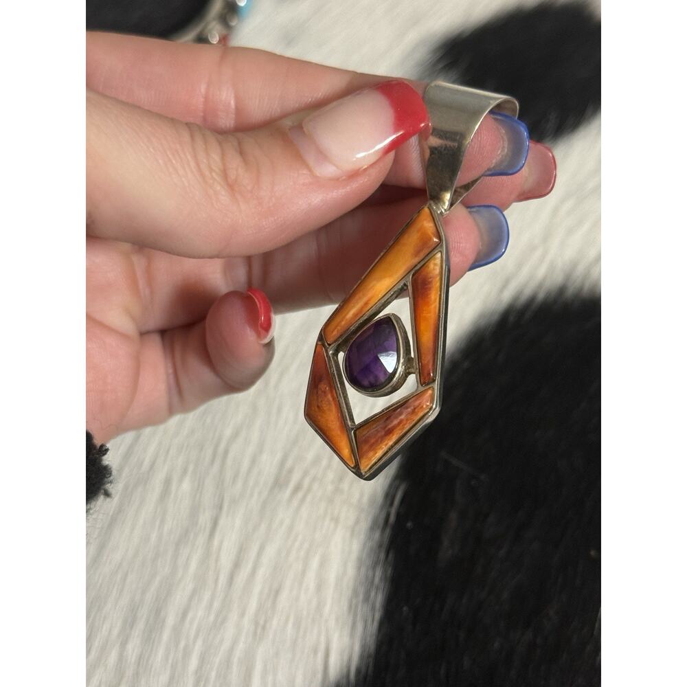 Huge Sterling Silver Jay King DTR Orange Spiny Amethyst Pendant Freeform - Picture 7 of 10